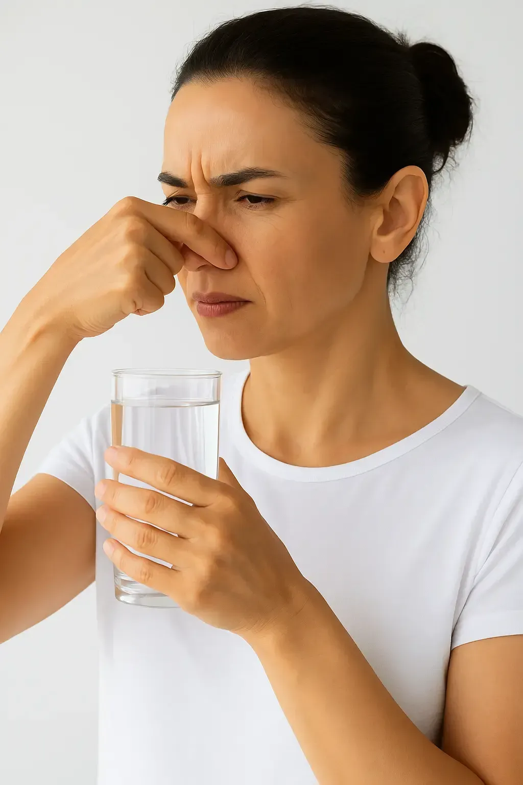 Woman smelling disgusting water