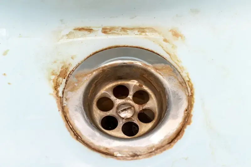 A close up of a rusty sink drain
